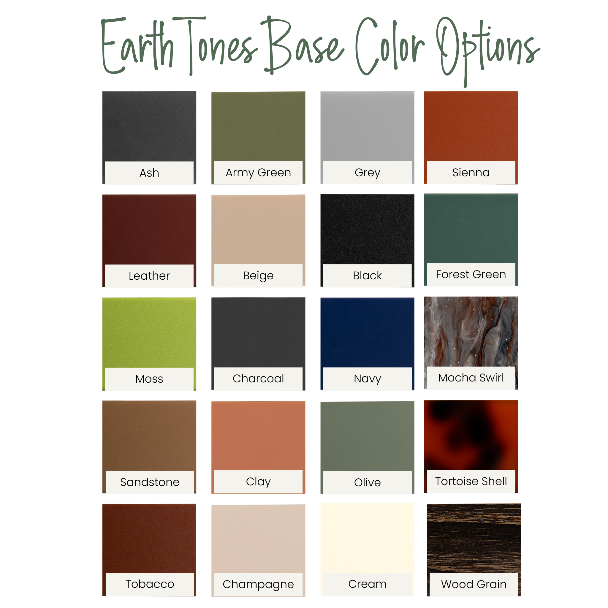 Color swatches labeled with earth tones on a white background
