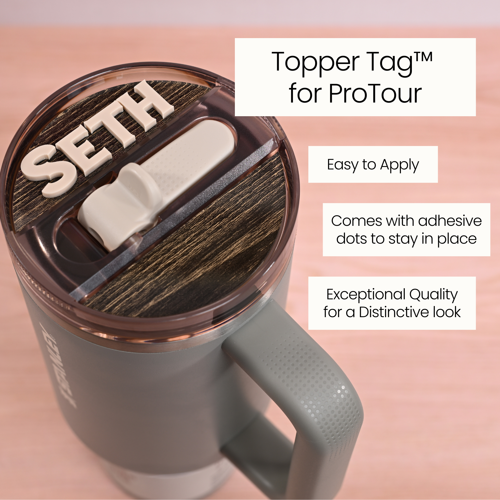 Topper Tag wood grain design for Stanley ProTour showing custom name attachment