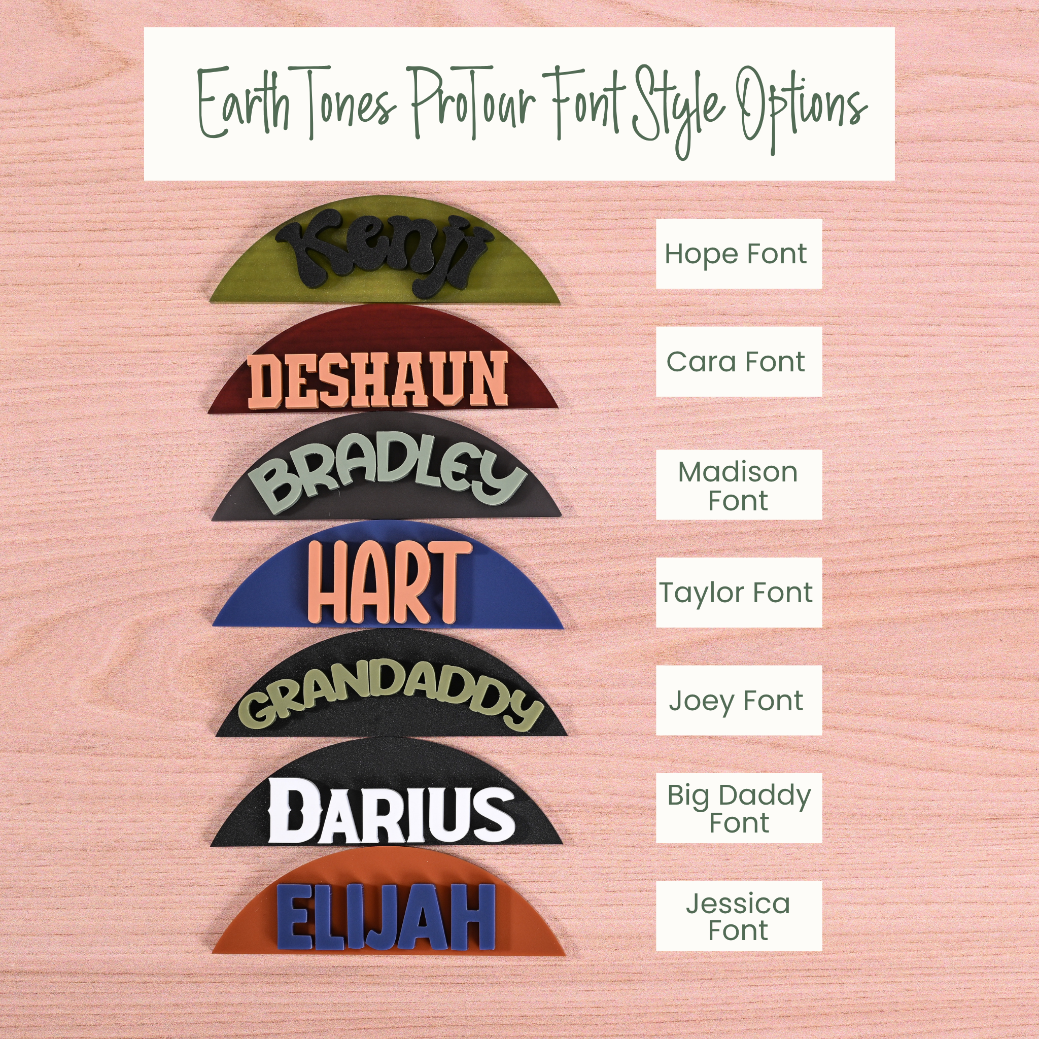 Topper Tag moss, tobacco, charcoal, navy design for Stanley ProTour showing custom name attachment