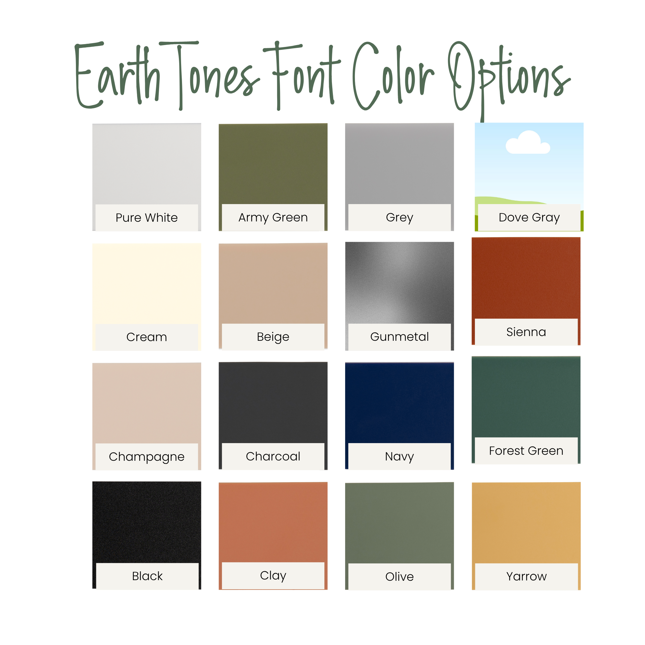 Color swatches labeled with names for an 'Earth Tones Font' color options chart.