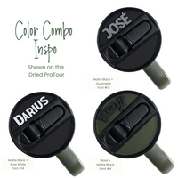 Topper Tag matte black, moss design for Stanley ProTour showing custom name attachment
