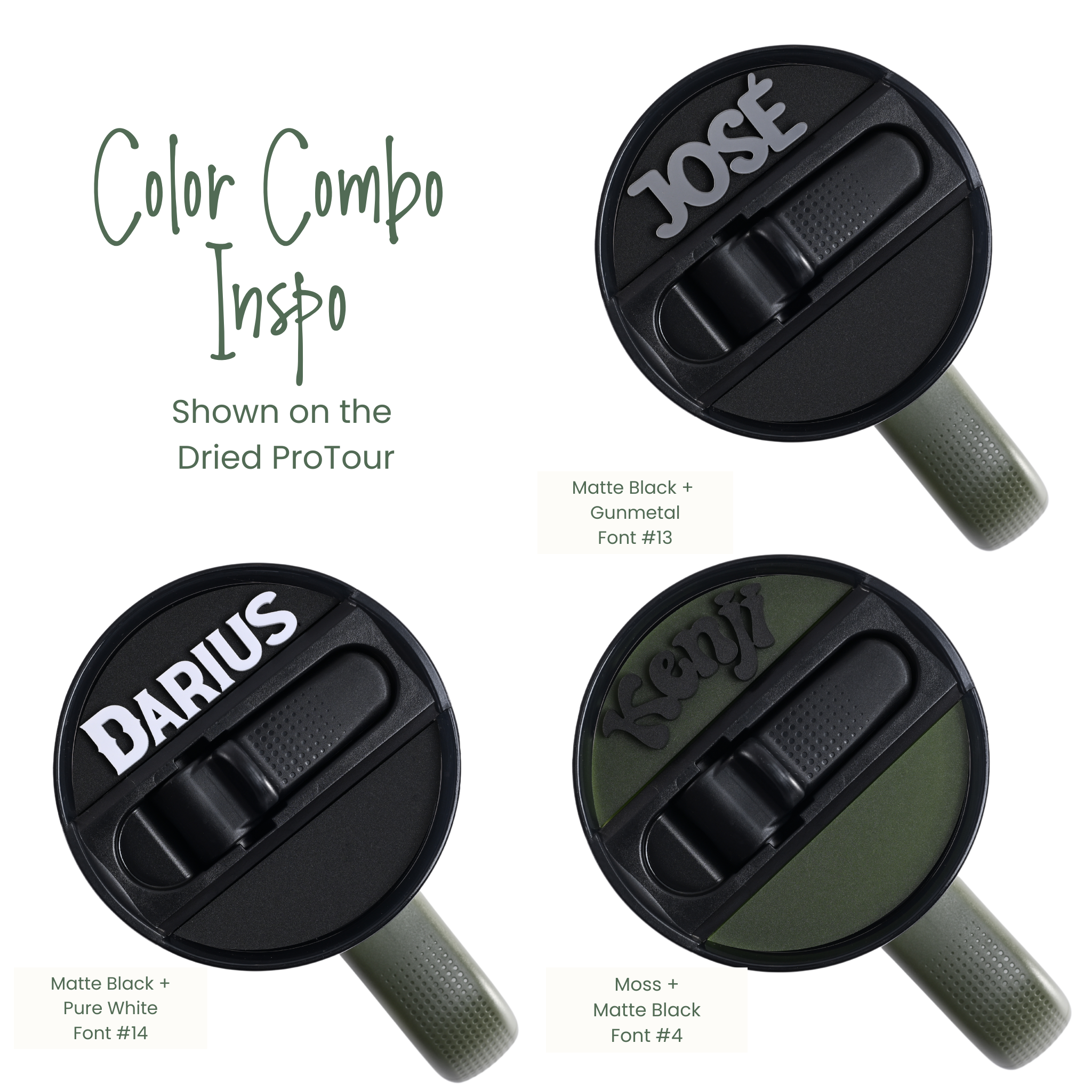 Topper Tag matte black, moss design for Stanley ProTour showing custom name attachment