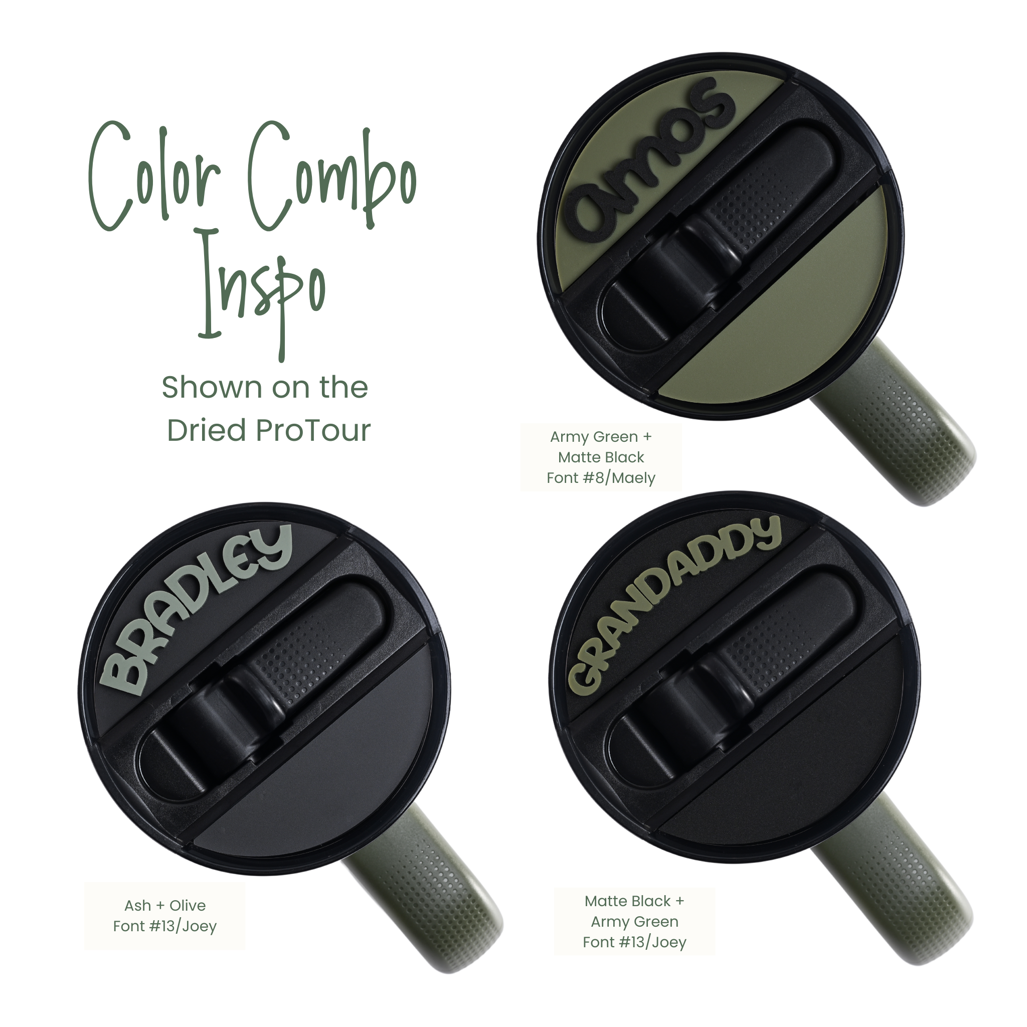 Topper Tag army green, matte black, ash design for Stanley ProTour showing custom name attachment