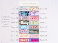 A collection of personalized tumbler charms in various colors and with different names printed on them, attached to a keychain ring.