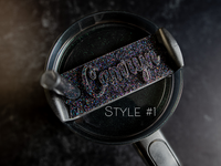 Topper Tag perfect pair Stanley Midnight Glitz Quencher showing custom name tag attachment
