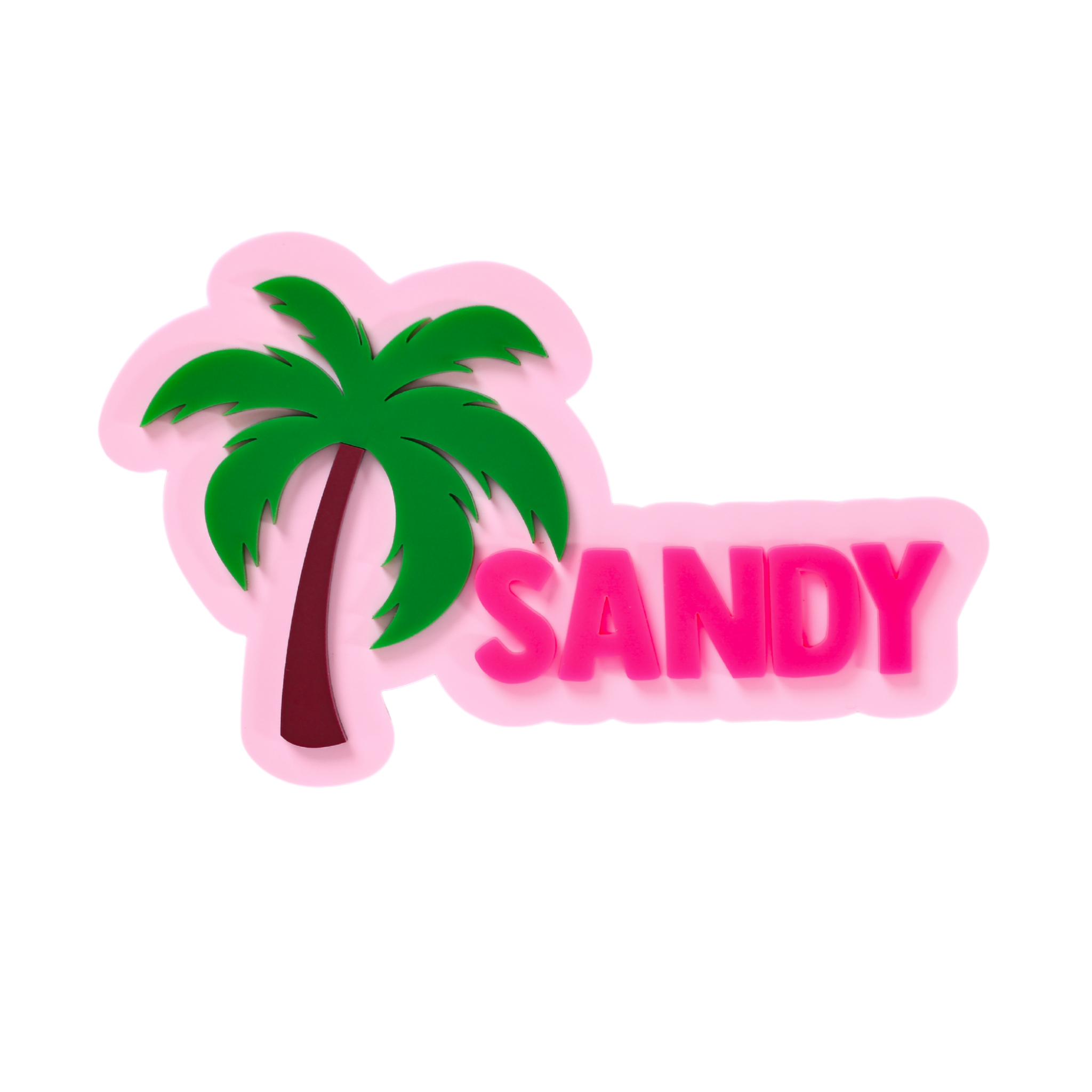 Boggy Button Palm Beach tropical design showing personalized text under palm tree in hot ballet pink