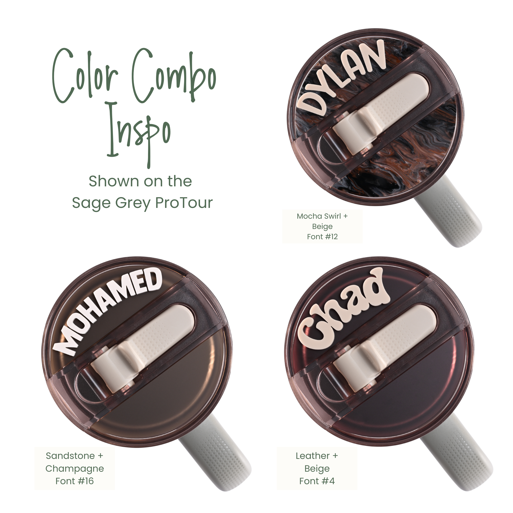 Topper Tag mocha swirl, leather, sandstone design for Stanley ProTour showing custom name attachment
