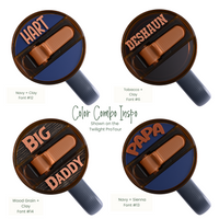 Topper Tag Navy, Clay, Tobacco, Wood Grain design for Stanley ProTour showing custom name attachment
