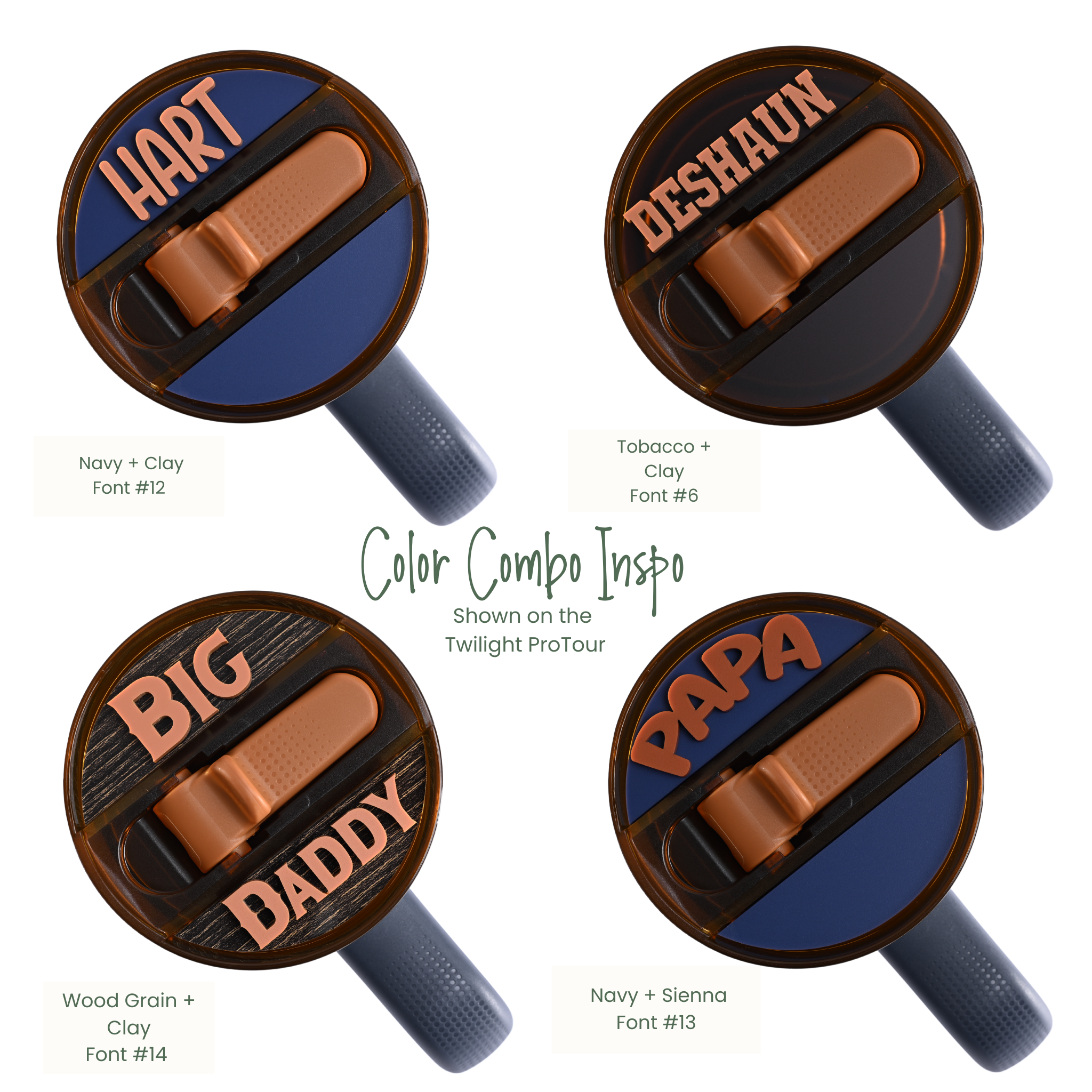 Topper Tag Navy, Clay, Tobacco, Wood Grain design for Stanley ProTour showing custom name attachment