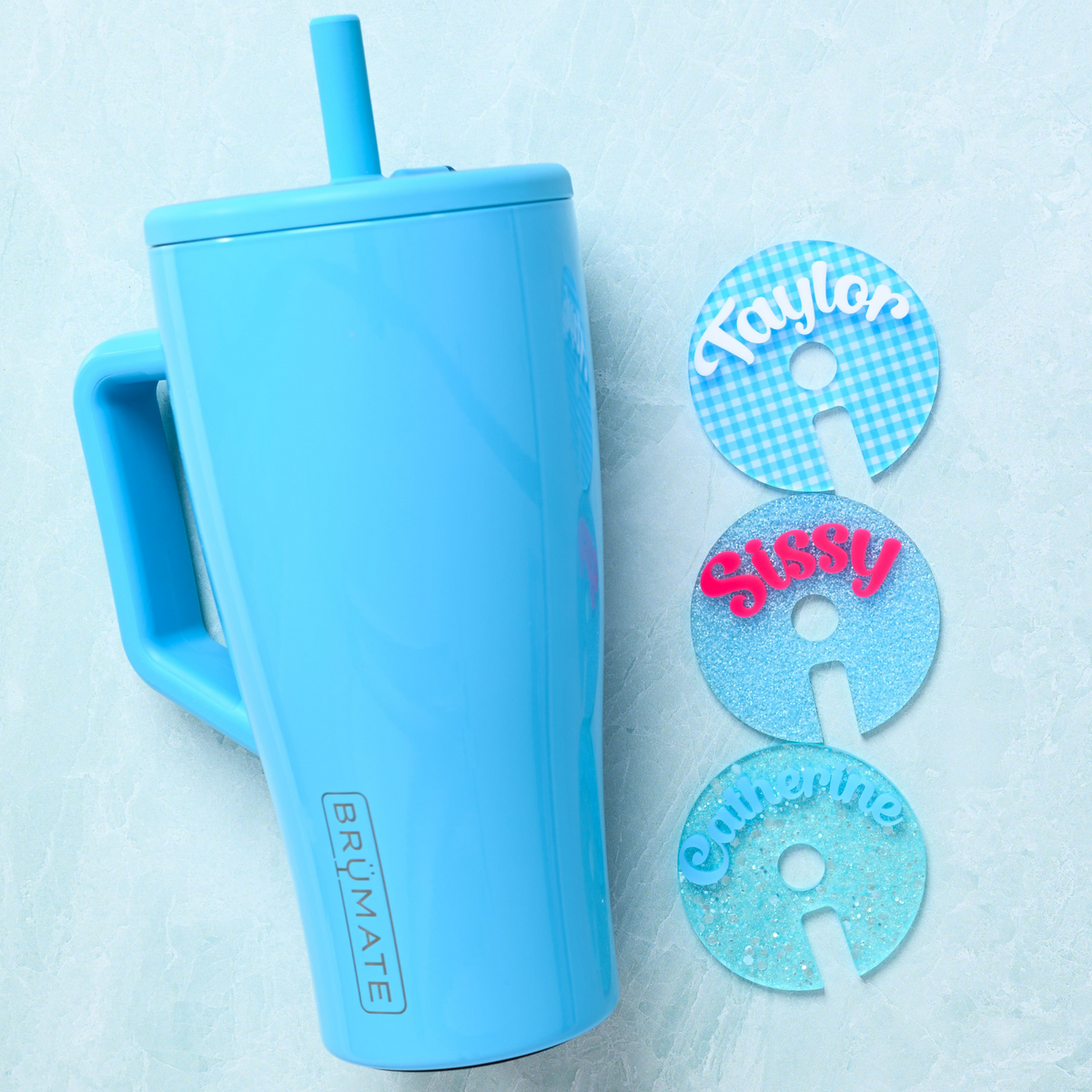 brumate electric blue tumbler with matching topper tags