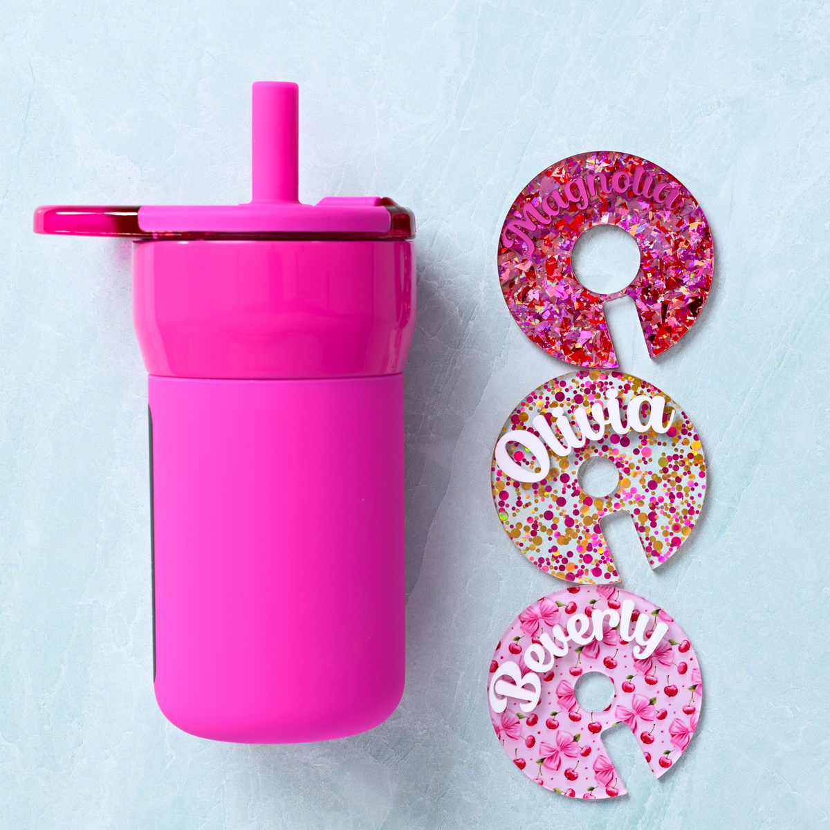 Brumate vivid magenta tumbler with matching topper tags