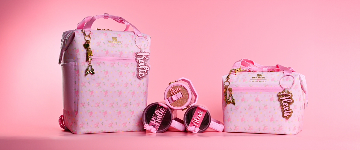 loveshackfancy Ibiza Sunset backpack and cooler with matching topper tag and bag tags