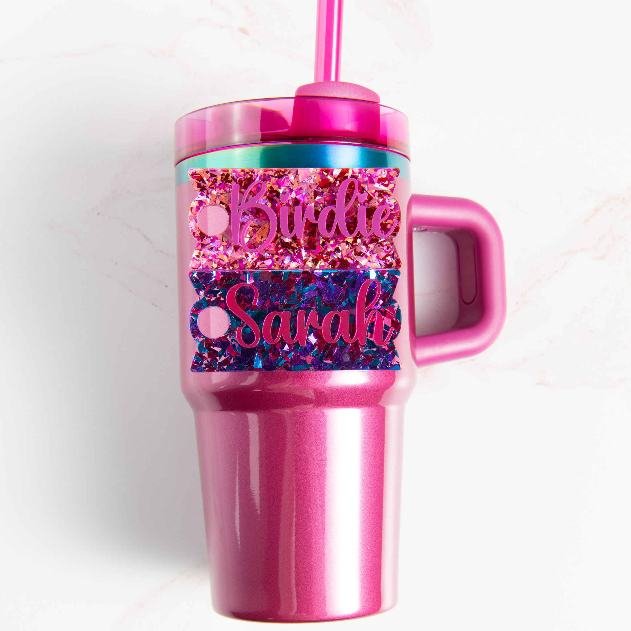 Topper Tag perfect pair Stanley berry truffle Quencher showing custom name tag attachment 