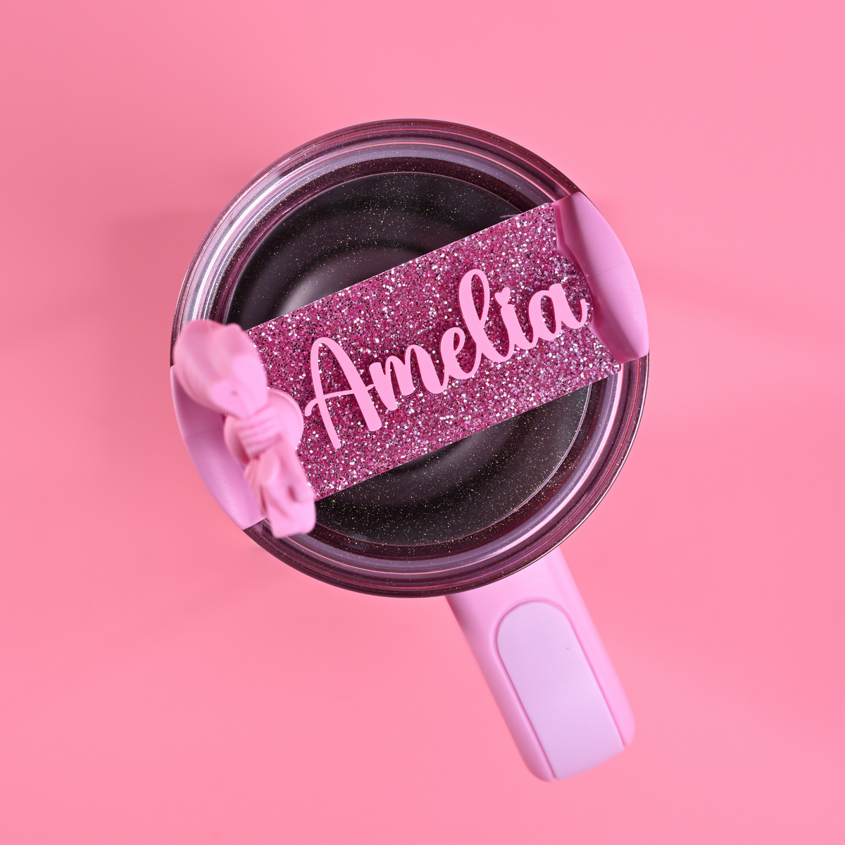 Stanley loveshackfancy ibiza sunset quencher with pink glitter topper tag