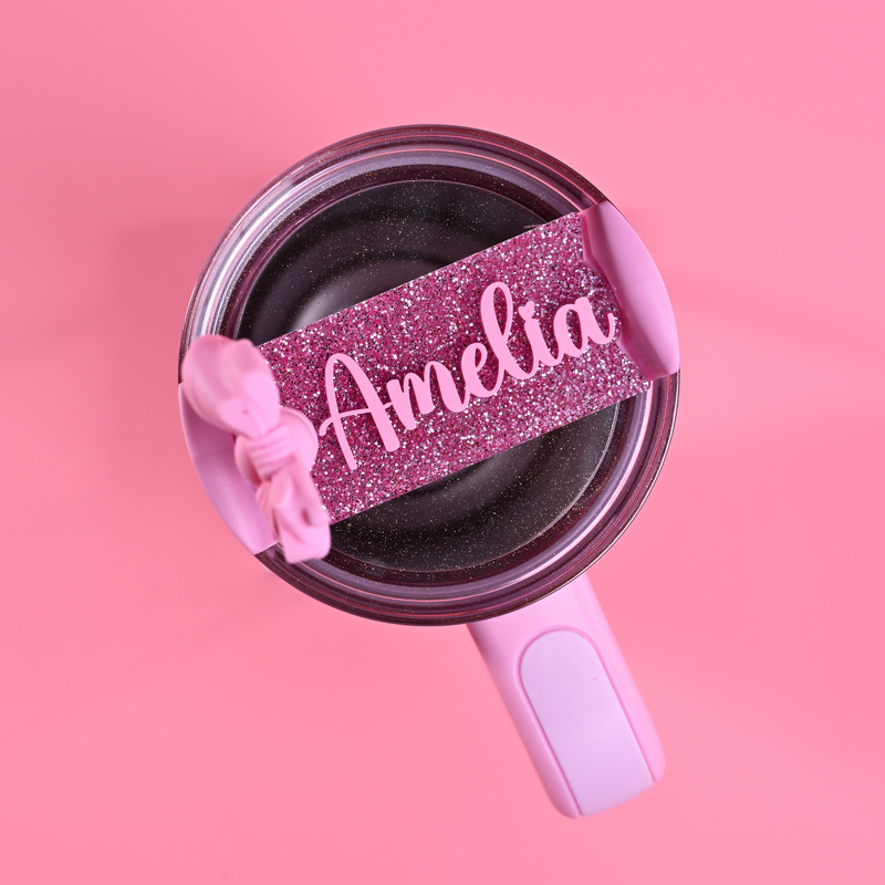 Stanley loveshackfancy ibiza sunset quencher with pink glitter topper tag