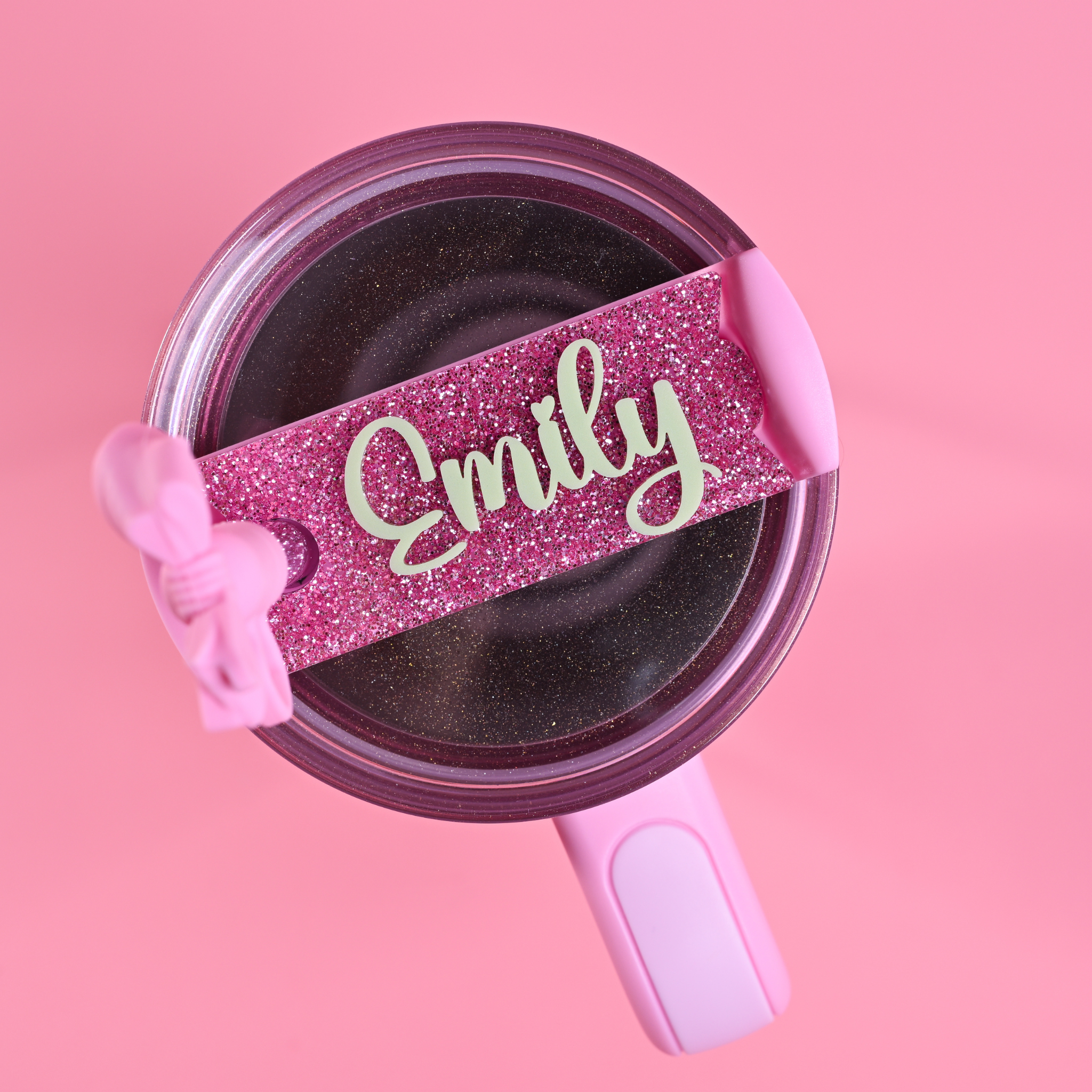 Stanley loveshackfancy ibiza sunset quencher with pink glitter topper tag