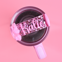 Stanley loveshackfancy ibiza sunset quencher with chunky pink glitter topper tag