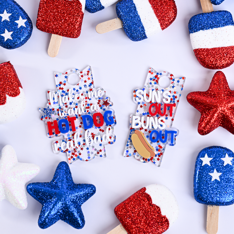 Funny 4th of July Topper Tag showing red white blue stars design with 'Makes me want a hotdog real bad' humor for Stanley Quencher