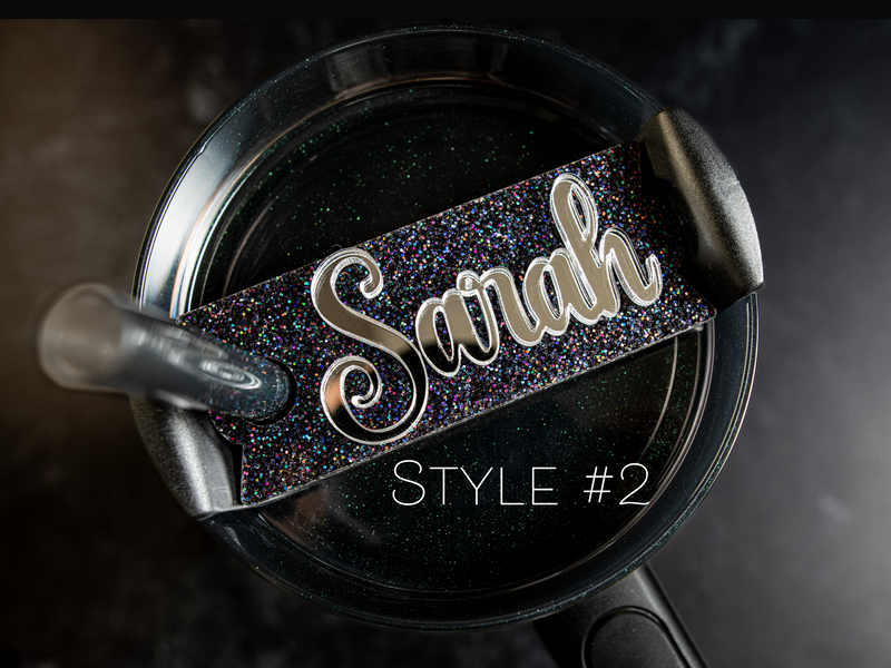 Topper Tag perfect pair Stanley Midnight Glitz Quencher showing custom name tag attachment