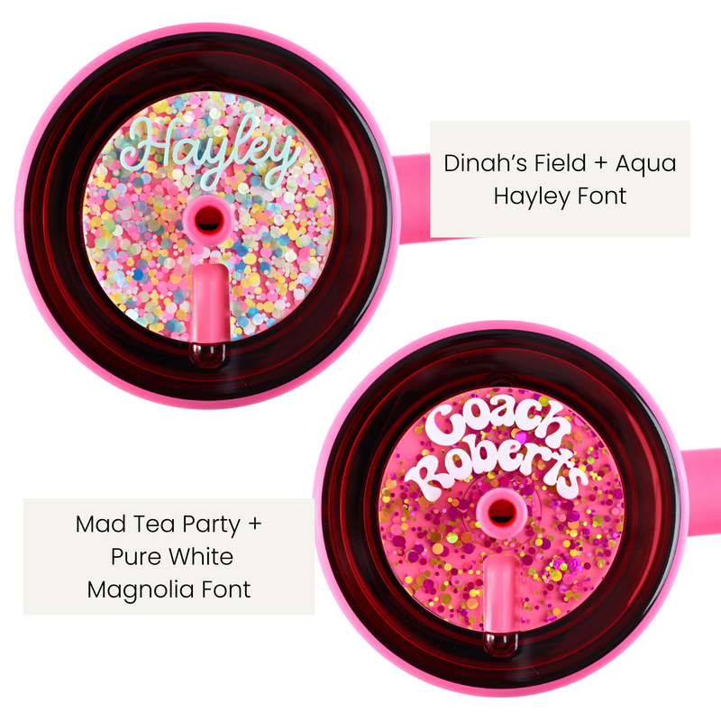 Dinah's Field Wonderland Topper Tag attached to Brumate, and Mad Tea Party Wonderland Topper Tag attached to Brumate