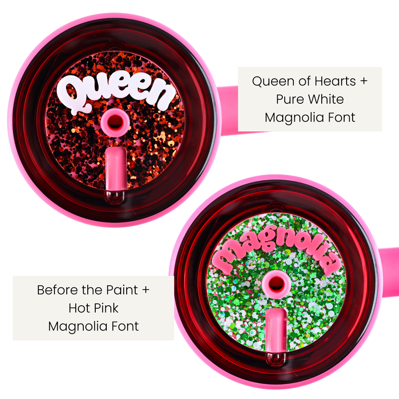 queen of hearts Wonderland Topper Tag attached to Brumate, and before the paint Wonderland Topper Tag attached to Brumate