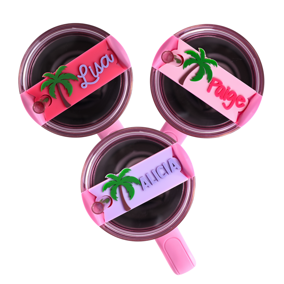 Topper Tag grape, ballet pink, hot pink Palm Beach tropical palm tree design for stanley quencher showing custom name personalization