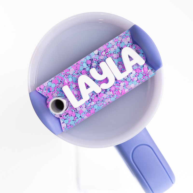 Topper Tag April showers design for Stanley Quencher showing custom name tag attachment