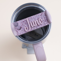 Topper Tag perfect pair Stanley aster Quencher showing custom name tag attachment