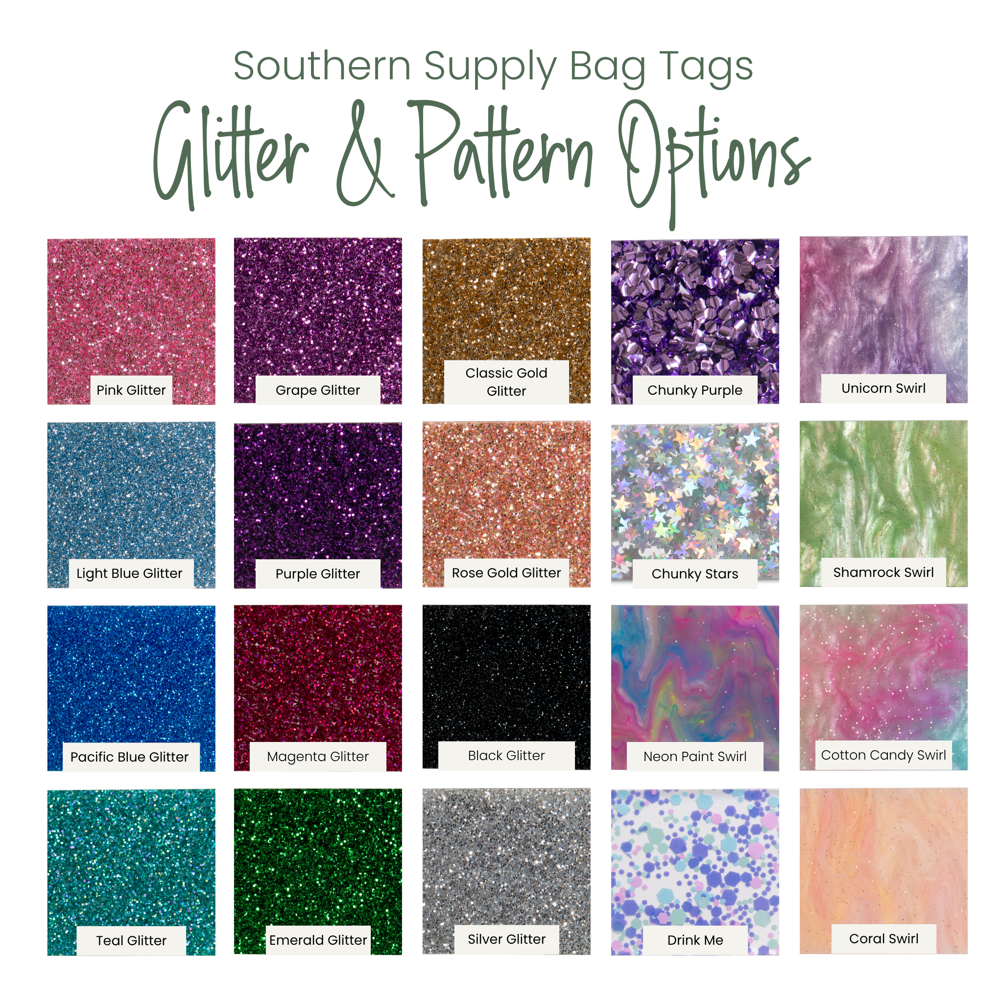 Collection of Southern Supply Bag Tags with glitter and pattern options on a white background.