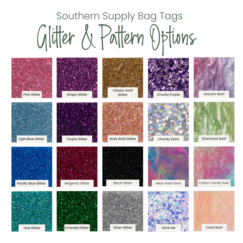 Collection of Southern Supply Bag Tags with glitter and pattern options on a white background.