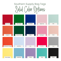 Collection of solid color swatches with labels for Southern Supply Bag Tags