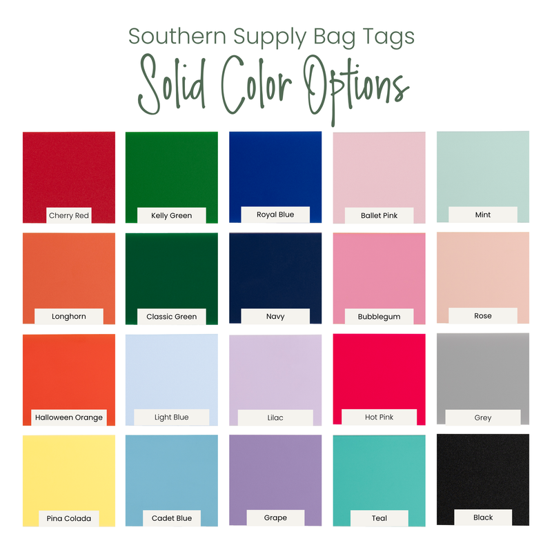 Collection of solid color swatches with labels for Southern Supply Bag Tags