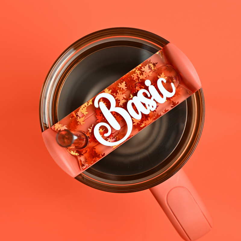 Topper Tag displaying "Basic" fall phrase design for Stanley Quencher with autumn aesthetic