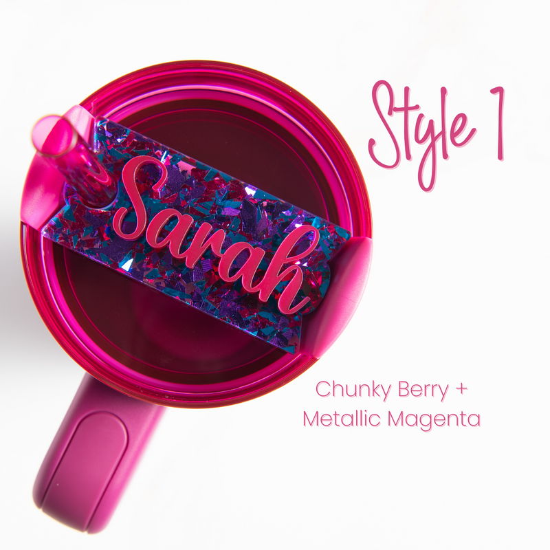 Topper Tag perfect pair Stanley berry truffle Quencher showing custom name tag attachment 