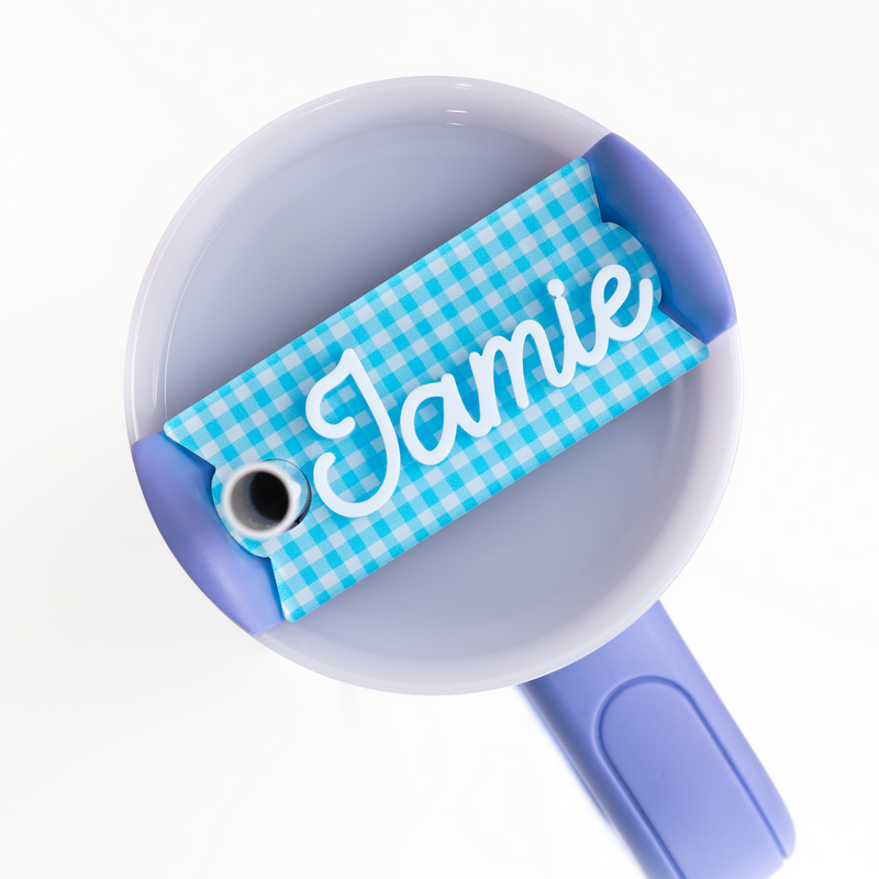 Topper Tag blue gingham design for Stanley Quencher showing custom name tag attachment