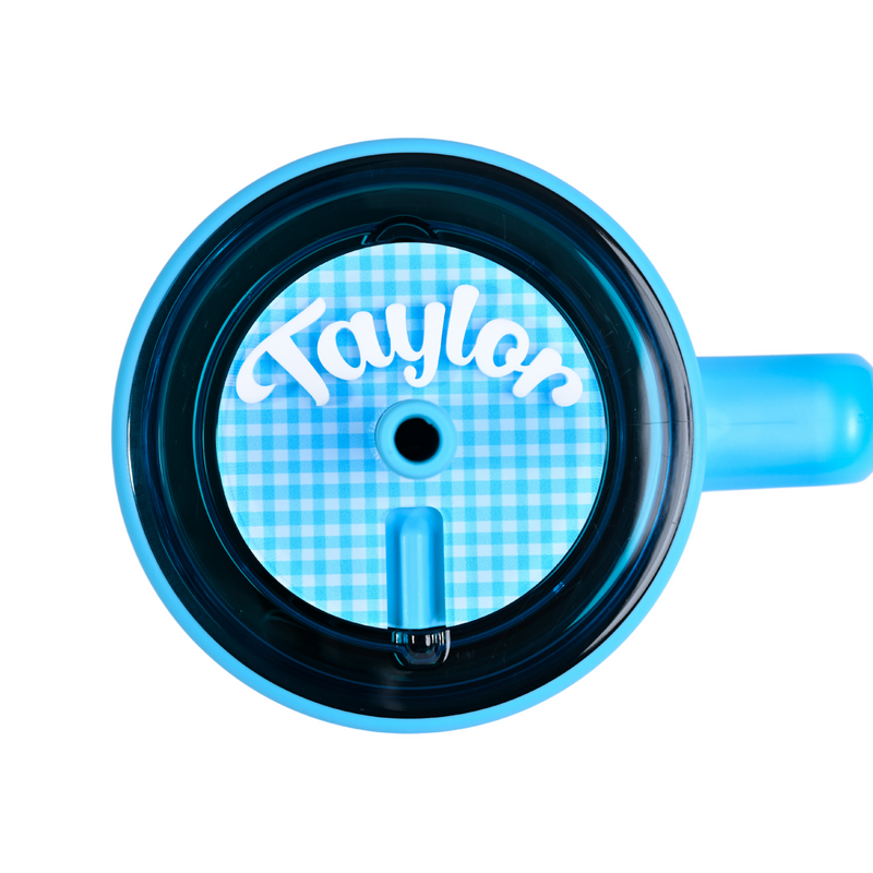 Topper Tag blue gingham coordinating with electric blue Brumate showing perfect color match