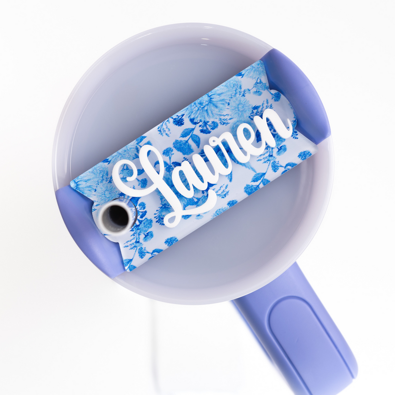 Topper Tag blue toile design for Stanley Quencher showing custom name tag attachment