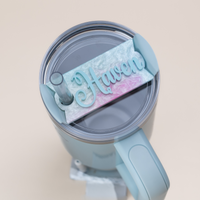 Topper Tag perfect pair Stanley Blueberry Milk Quencher showing custom name tag attachment