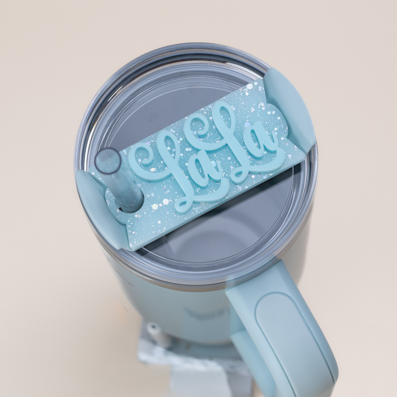 Topper Tag perfect pair Stanley Blueberry Milk Quencher showing custom name tag attachment