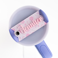 Topper Tag blush blooms design for Stanley Quencher showing custom name tag attachment