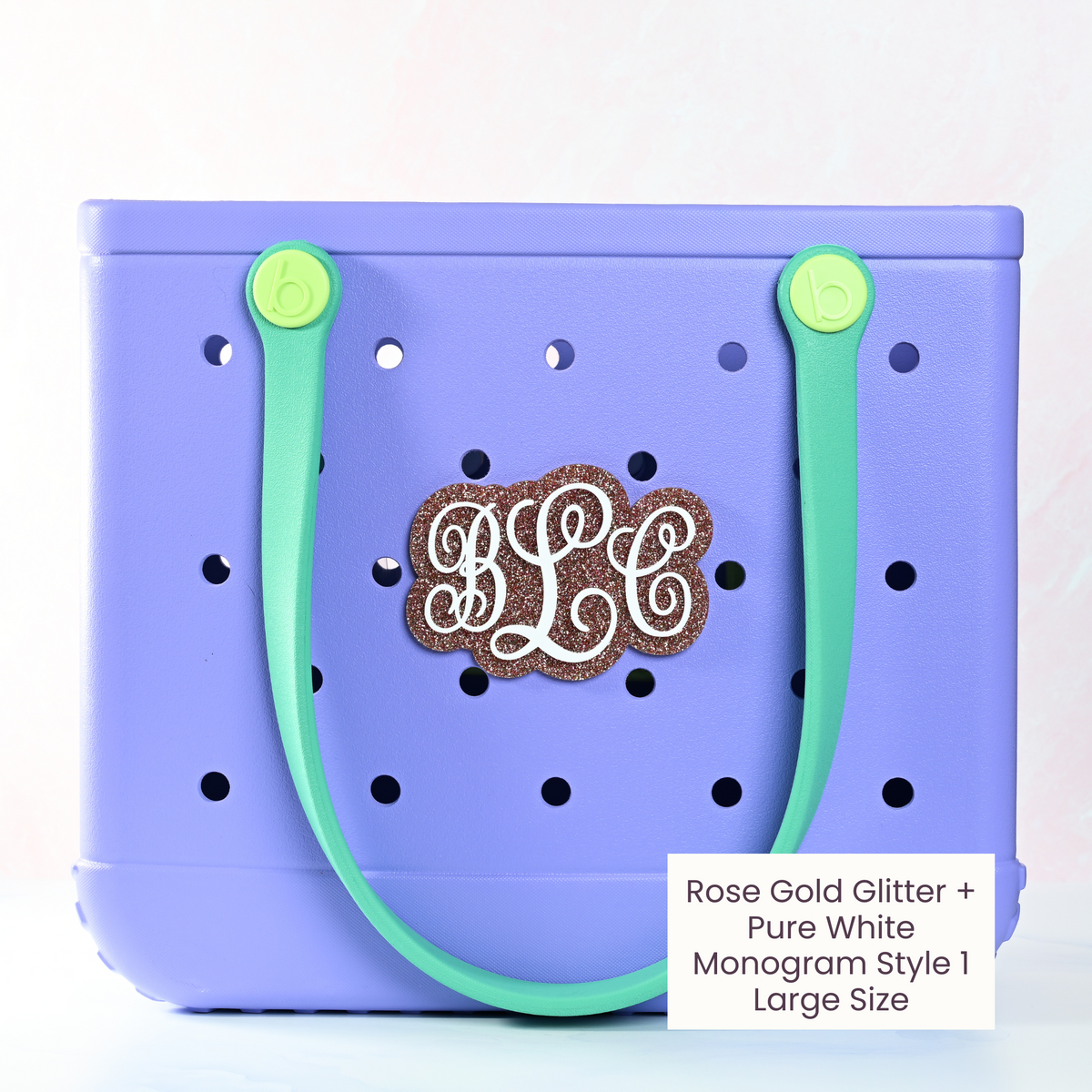 Rose gold glitter Monogram boggy button Custom Tote Bag Charm attached to a bogg bag 