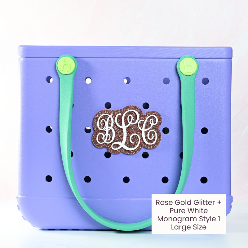 Rose gold glitter Monogram boggy button Custom Tote Bag Charm attached to a bogg bag 