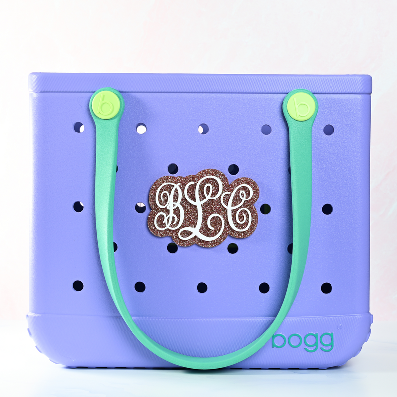 Rose gold glitter Monogram boggy button Custom Tote Bag Charm attached to a bogg bag 