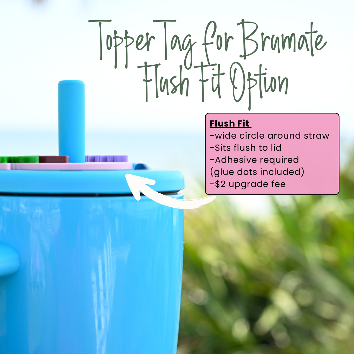 Blue container with a topper tag for Bramate Flush Fit Option, showing text and a pink box with additional information.