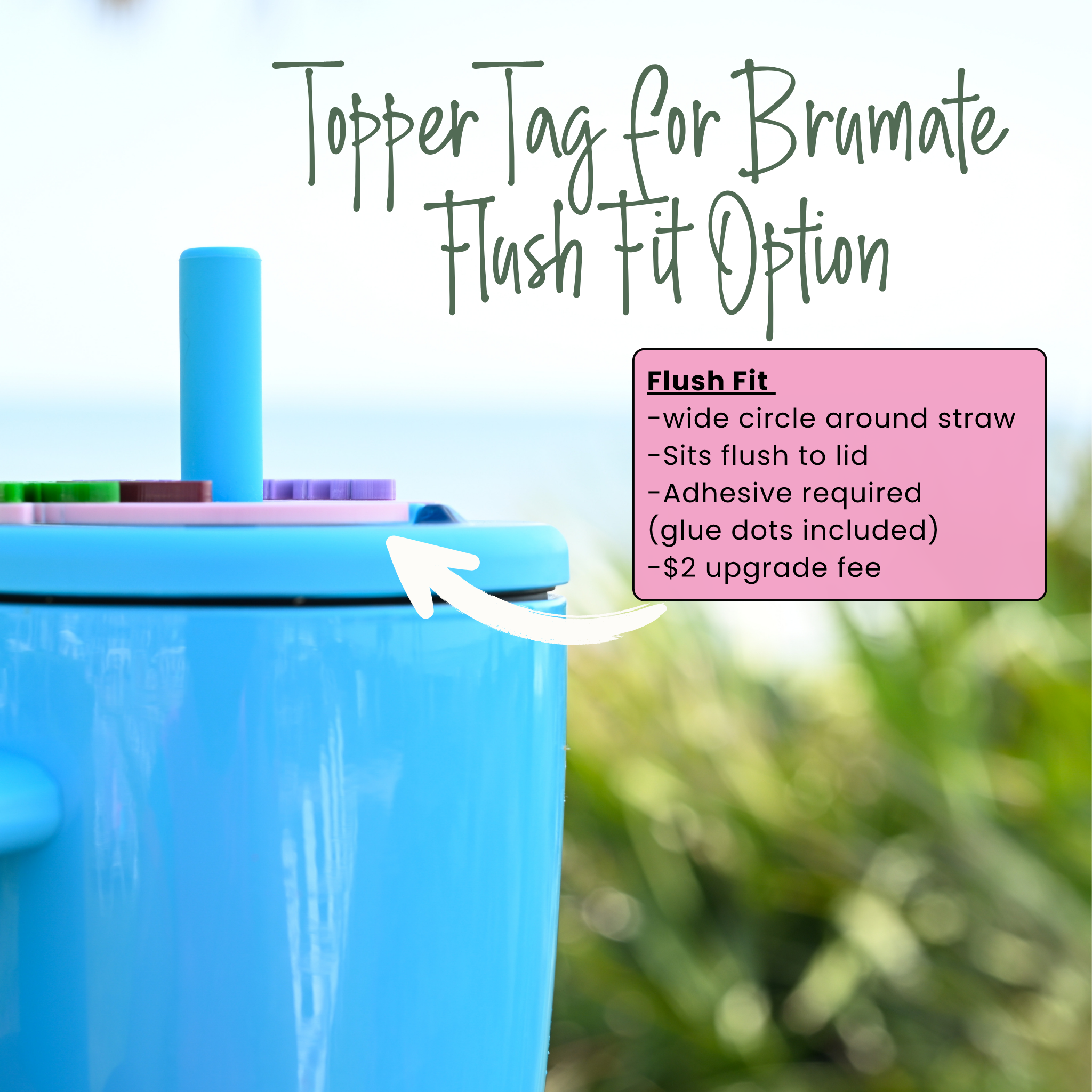 Blue container with a straw and text explaining 'Topper Tag for Bramate Flush Fit Option' on a blurred green background.