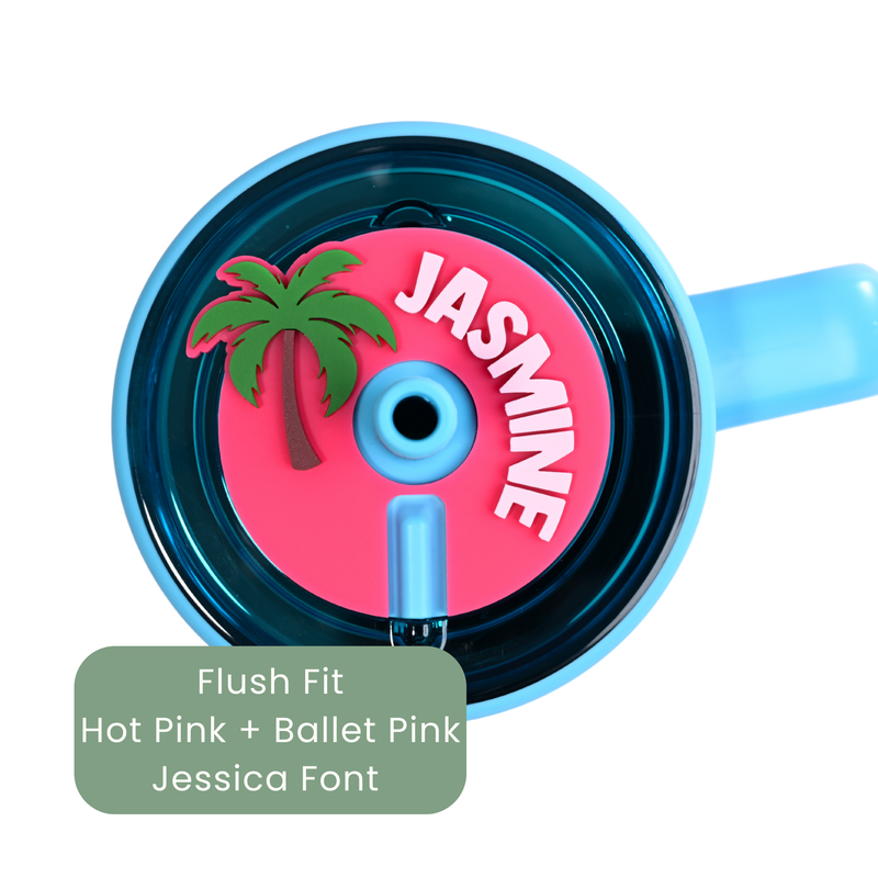 Topper Tag hot pink Palm Beach tropical palm tree design for Brumate showing custom name personalization with a flush fit
