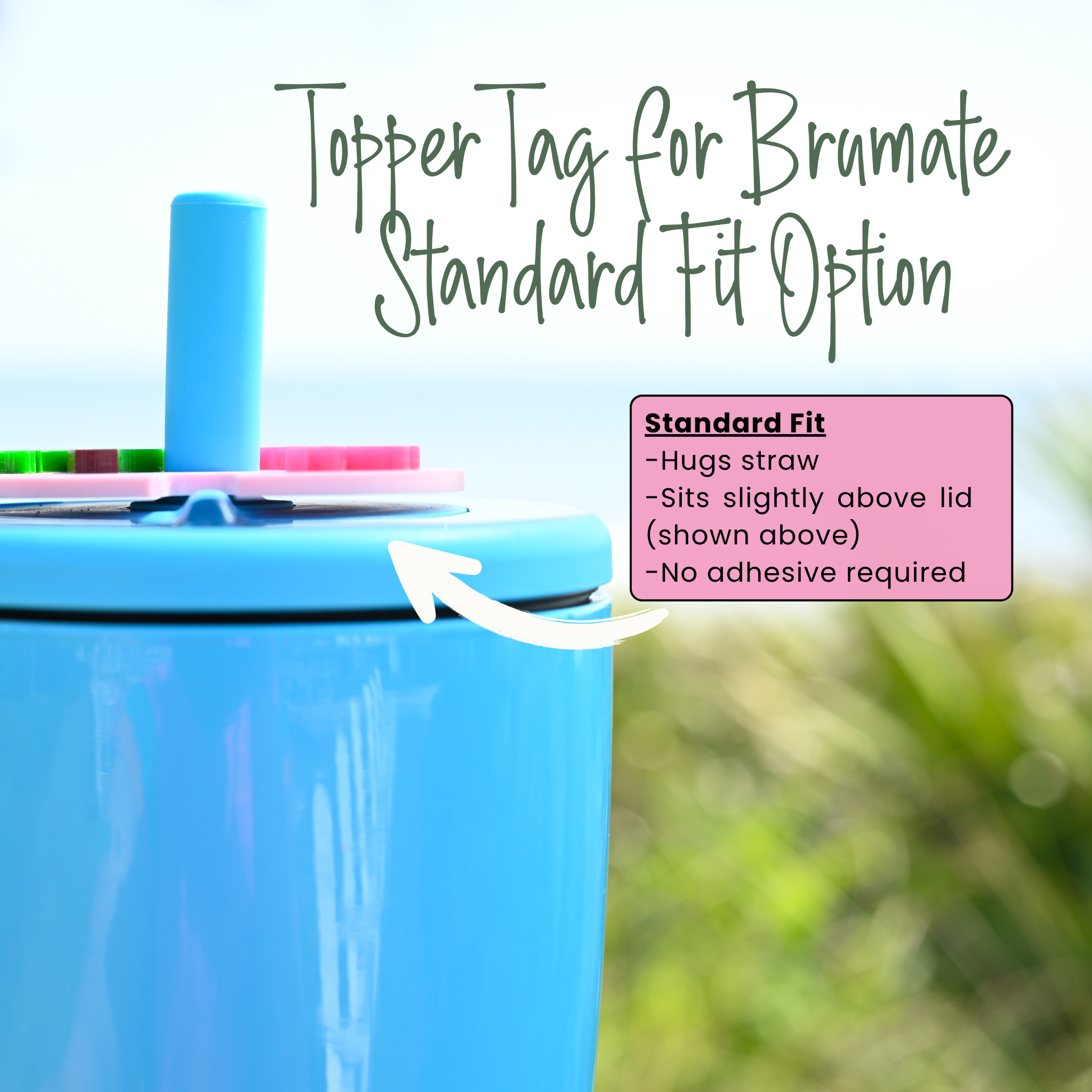 Blue straw container with a topper tag for Bramate Standard Fit Option, set against a blurred green background.