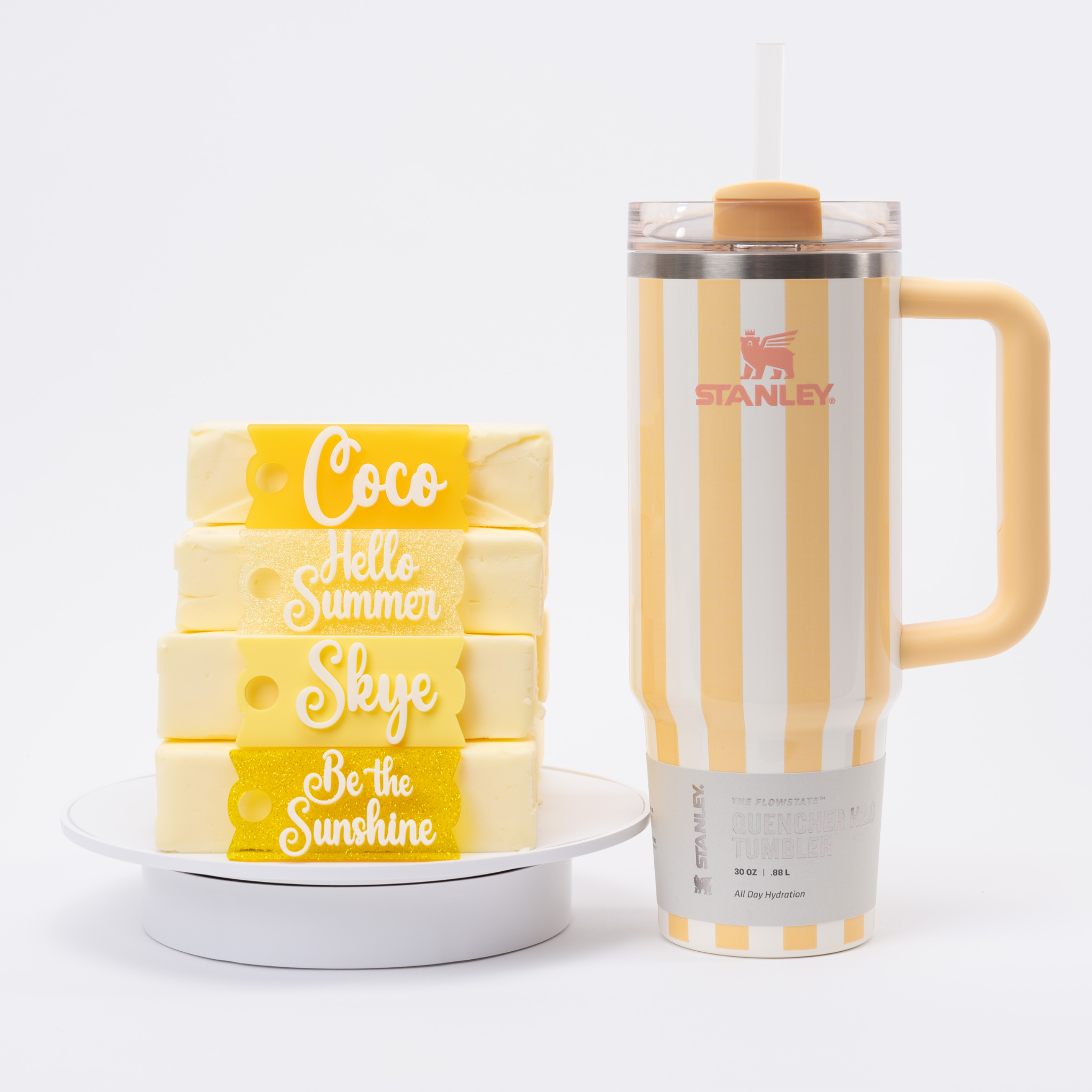 Topper Tag perfect pair Stanley Butter Cabana Gloss Quencher showing custom name tag attachment in lemon shimmer