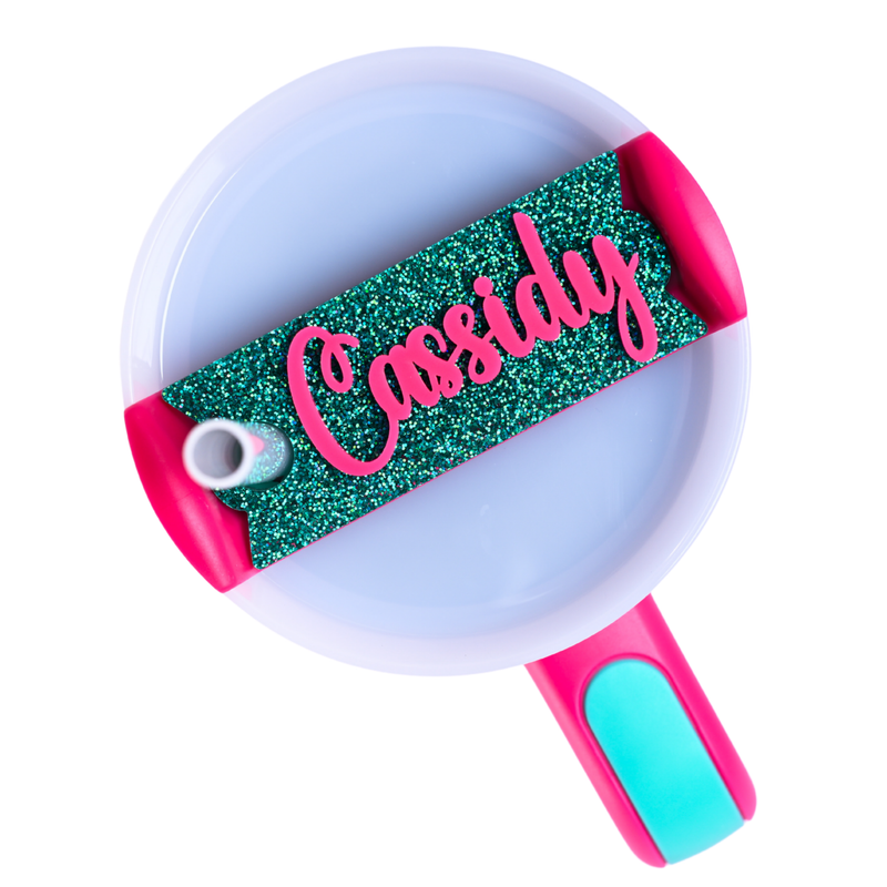 Topper Tag perfect pair Stanley Passion Pink Quencher showing custom name tag attachment that reads "Cassidy"