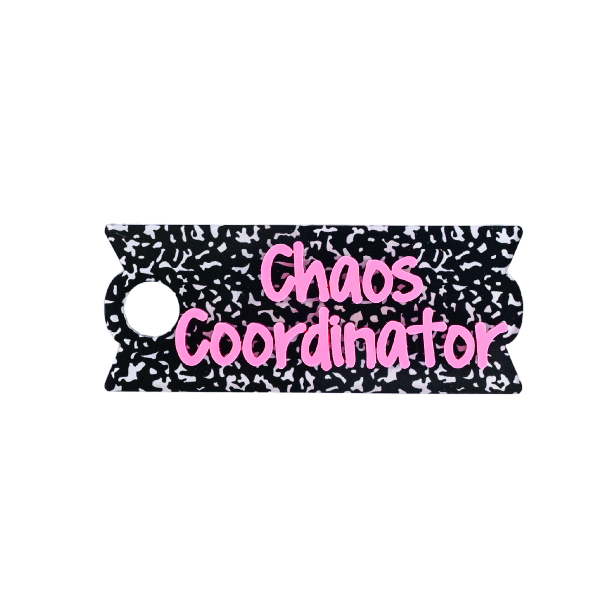 Topper Tag composition book for Stanley Quencher showing custom name tag attachment that reads "Chaos Coordinator"